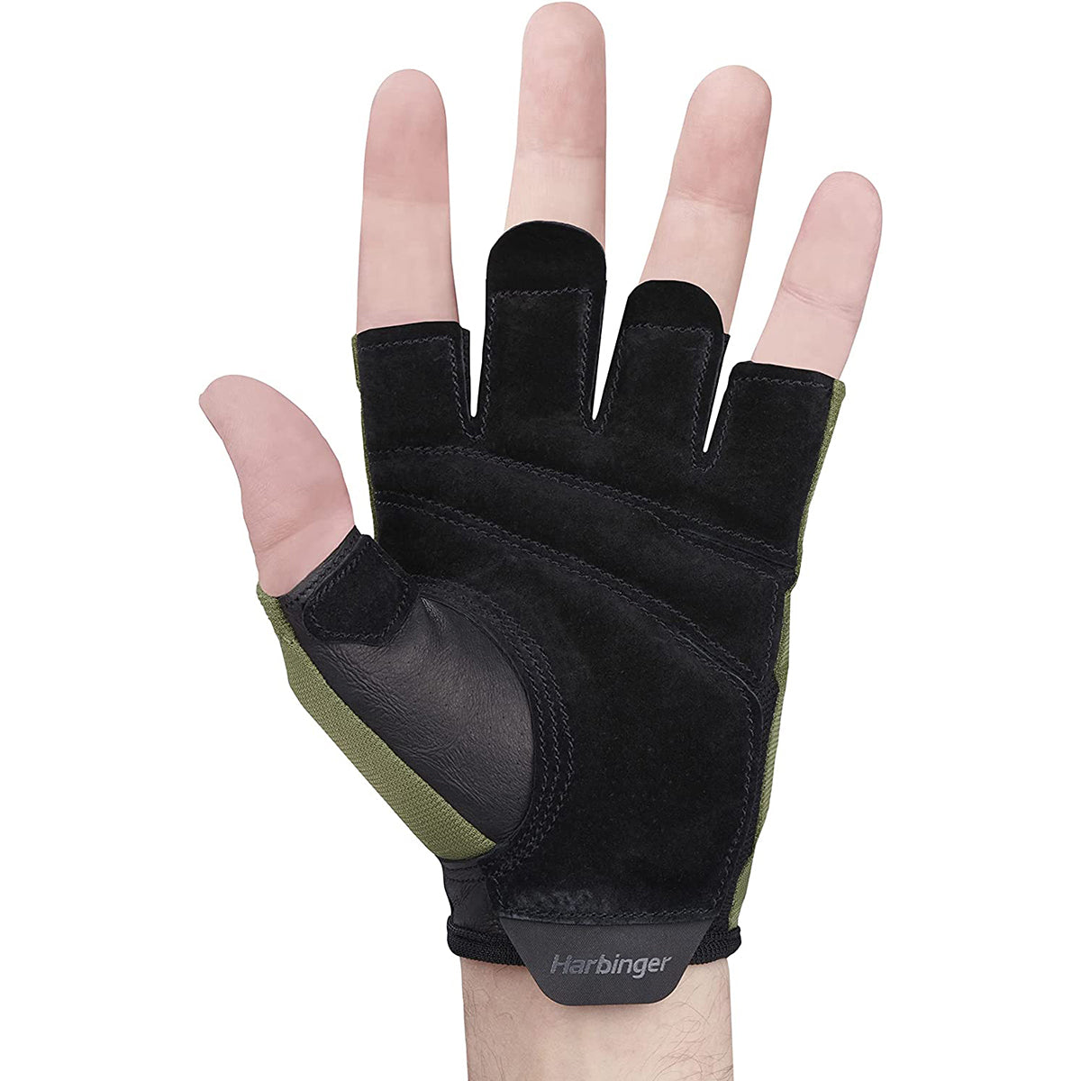 Black and green weightlifting glove on a white background