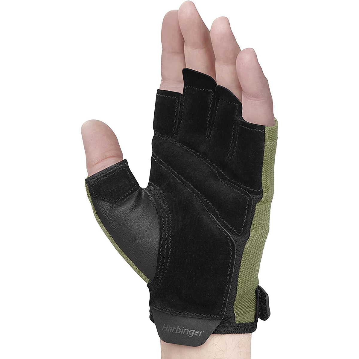 Black and green half-finger glove on a white background