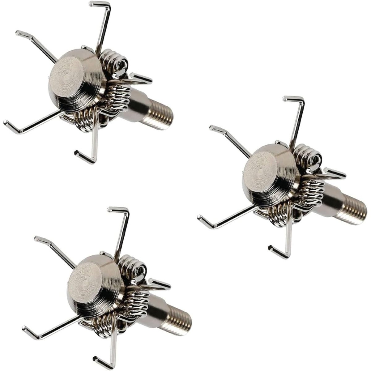 Three metallic ant-shaped broadheads spring loaded on a white background