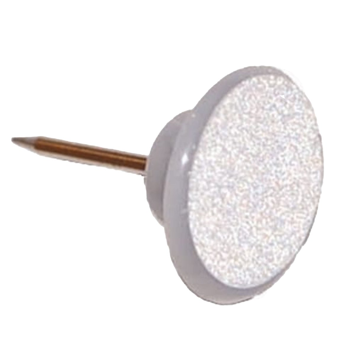 White decorative plastic reflective tacks with a textured head on a white background