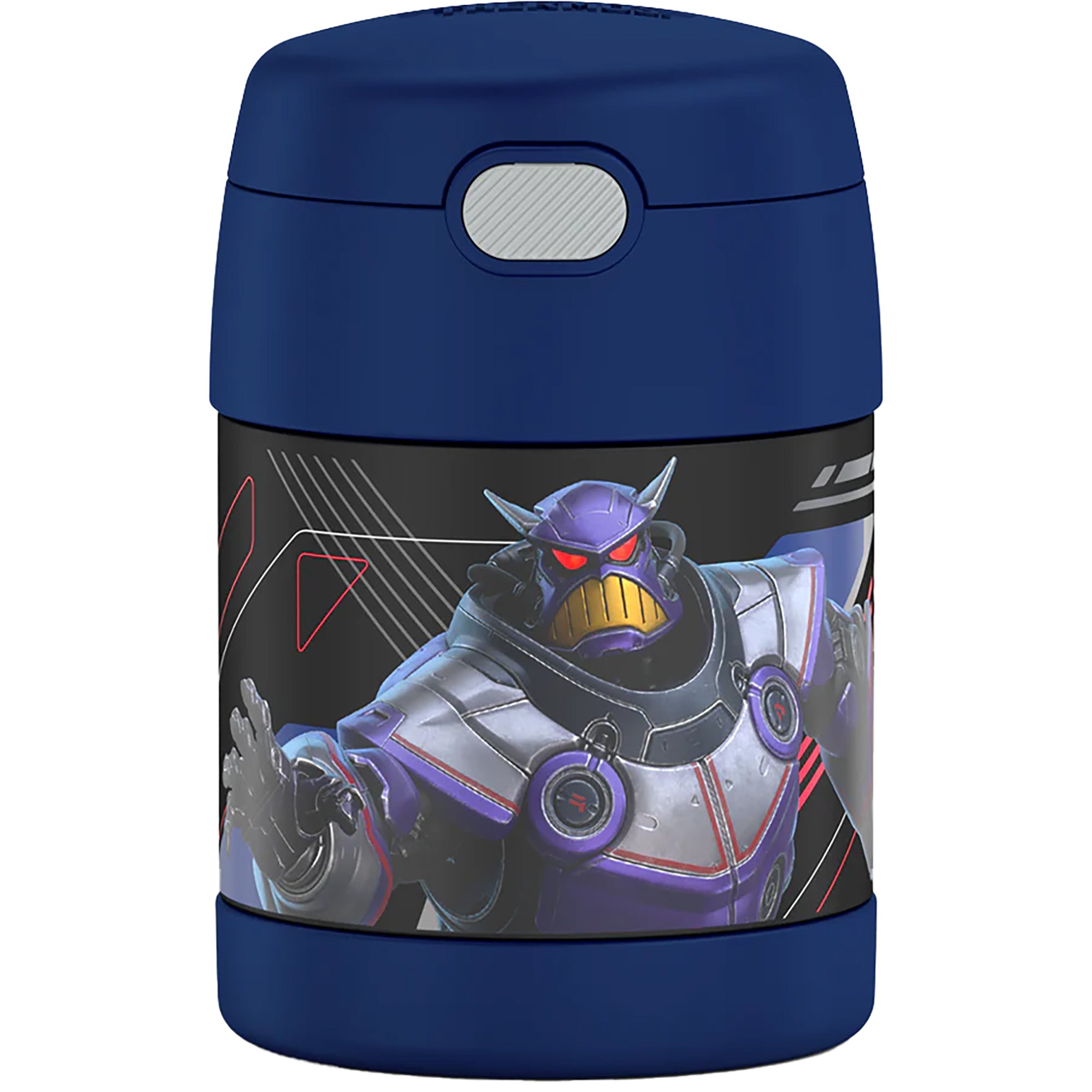 Blue thermos with robot design on a white background