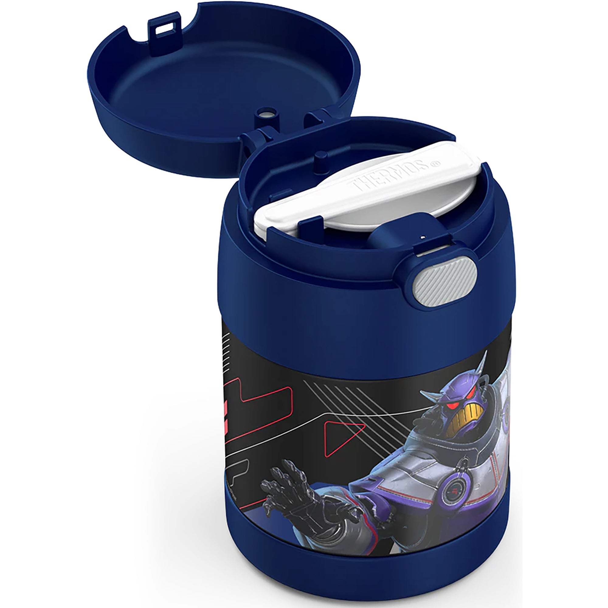 Blue thermos with robot design on a white background