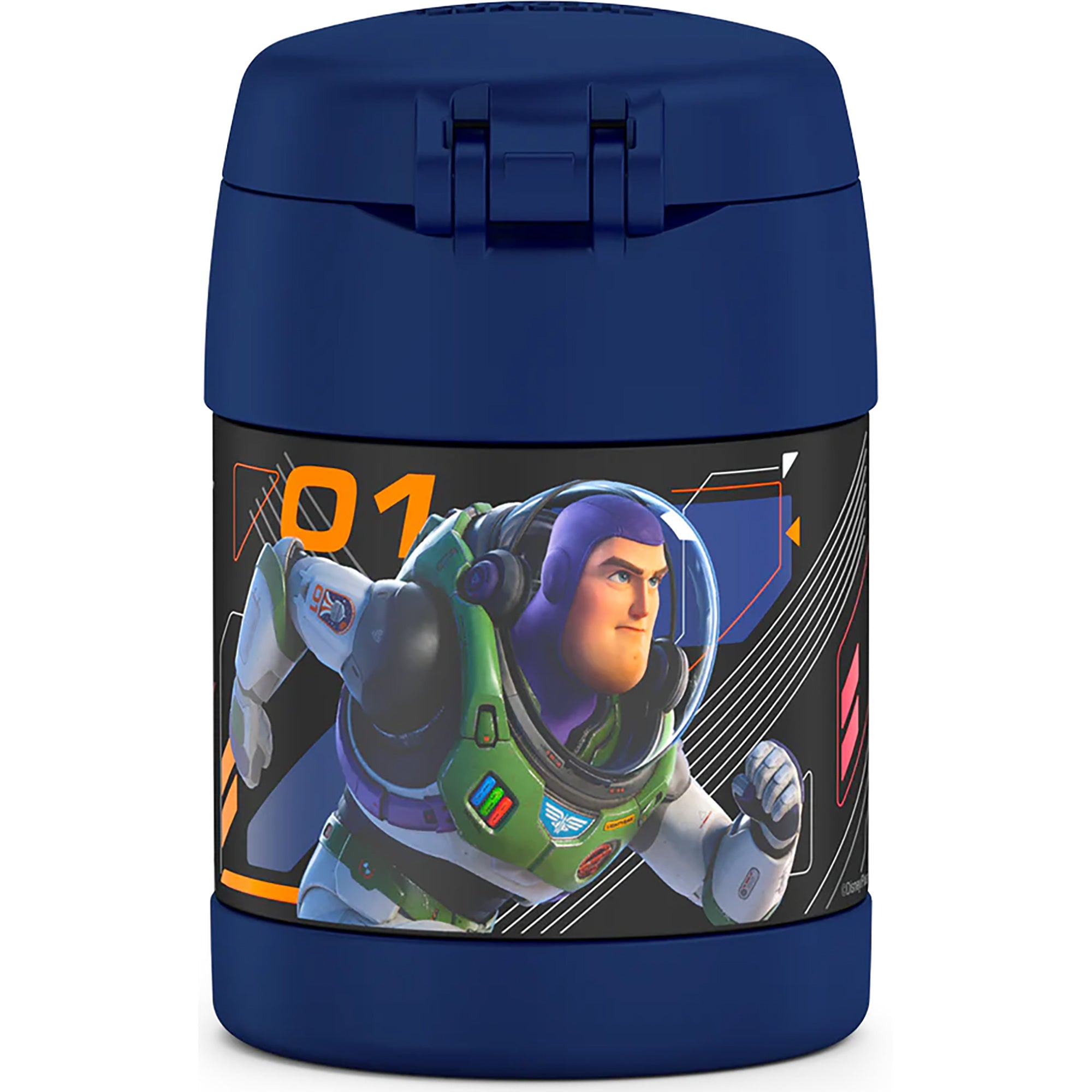 Blue thermos with Buzz Lightyear design on a white background