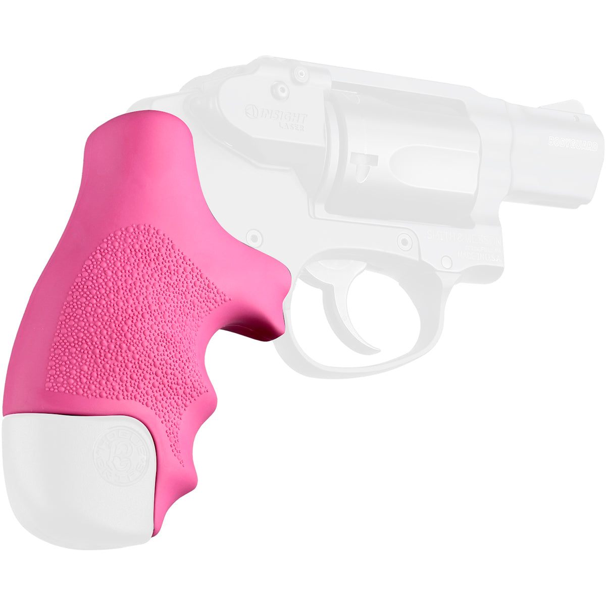 A bright pink textured rubber tamer grip cover designed for a revolver, shown fitted over a white semi-transparent outline of a pistol on a clean white background.