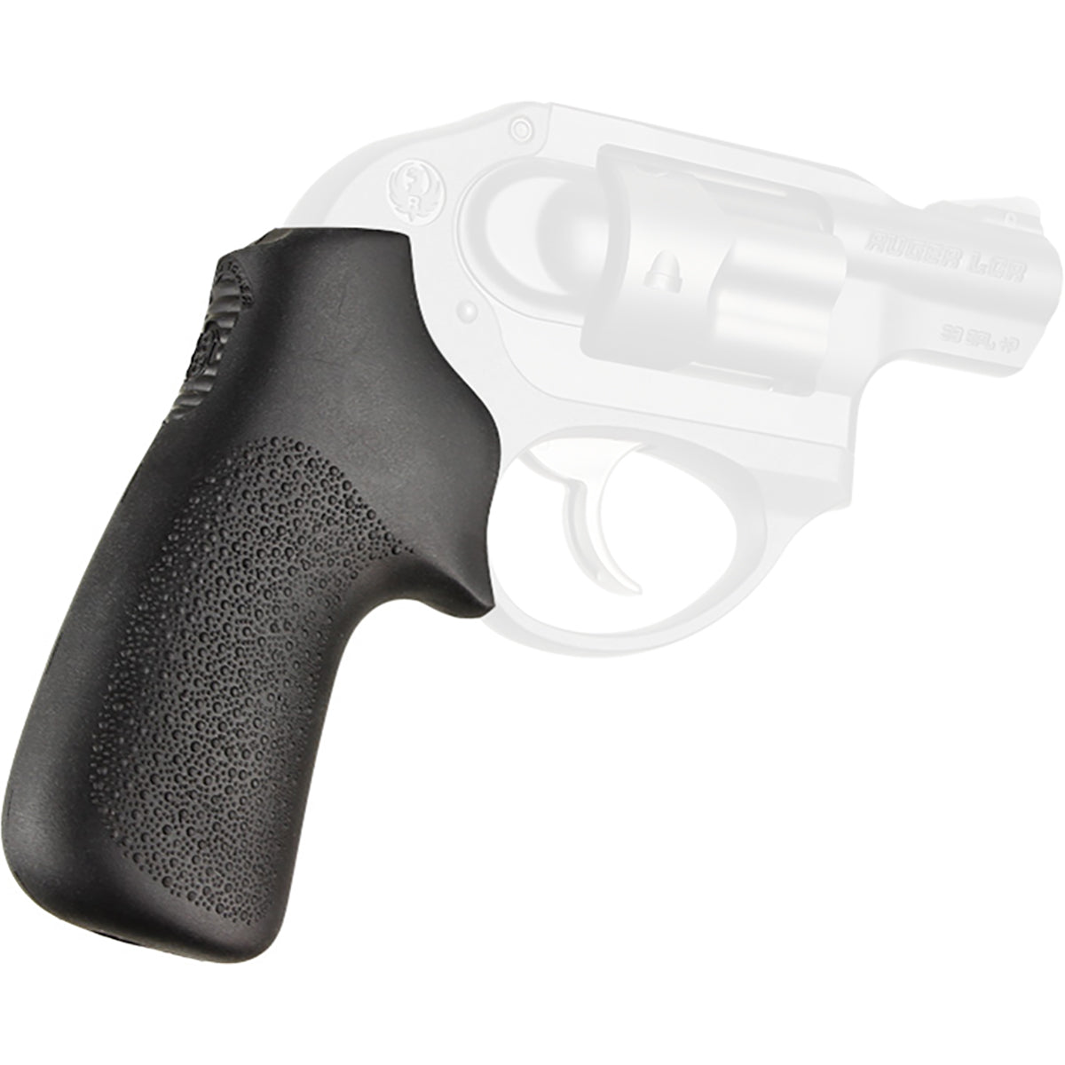 A black textured polymer pistol rubber tamer cushion grip shown over a semi-transparent white revolver silhouette on a plain white background.