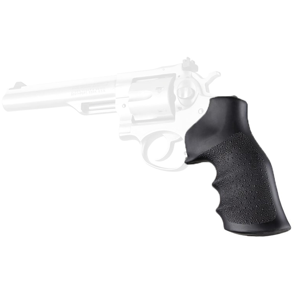 A black textured polymer revolver rubber monogrip shown on a faded white background of a revolver, highlighting the grip's fit and texture.