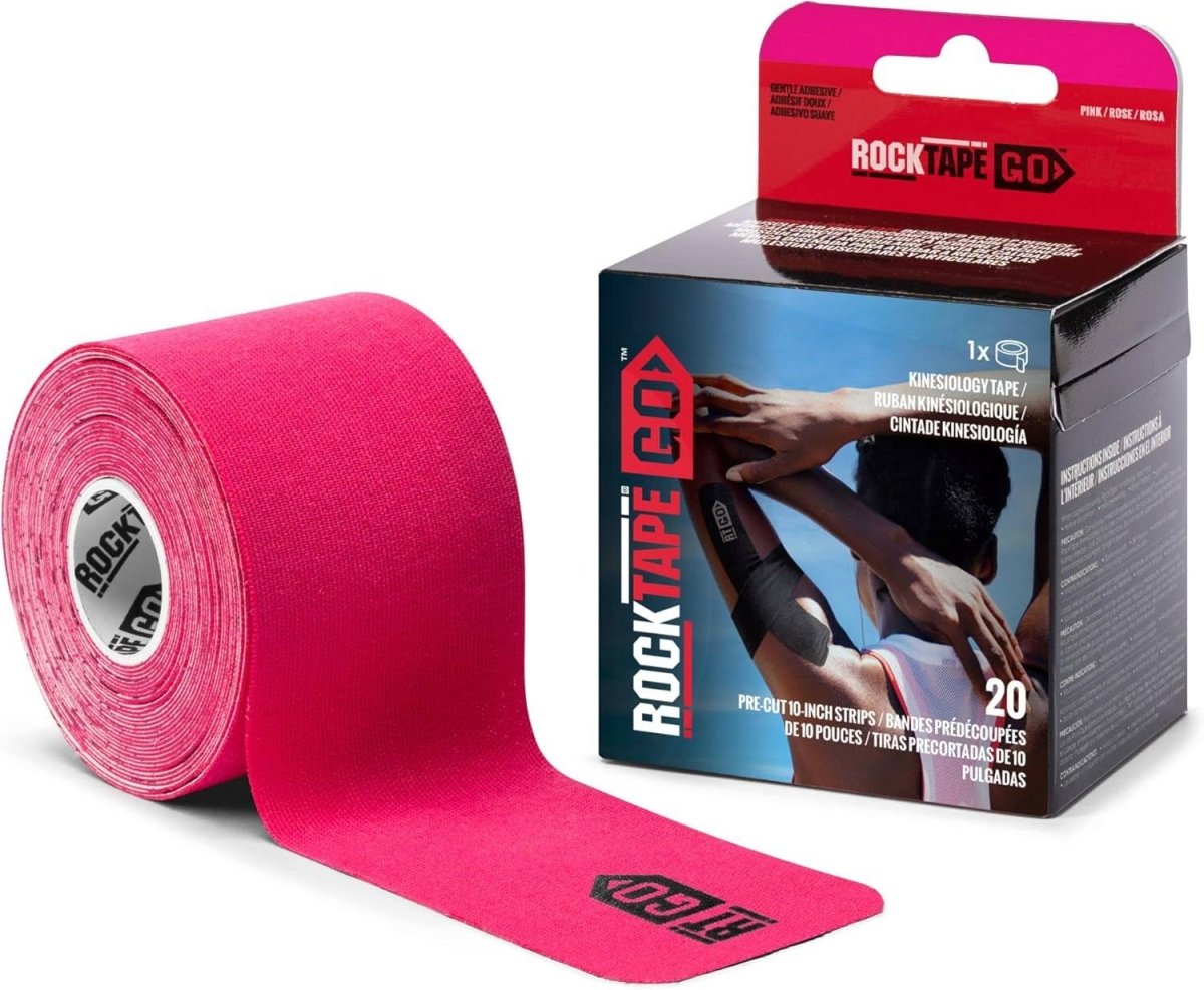Pink kinesiology tape roll with RockTape GO packaging on a white background