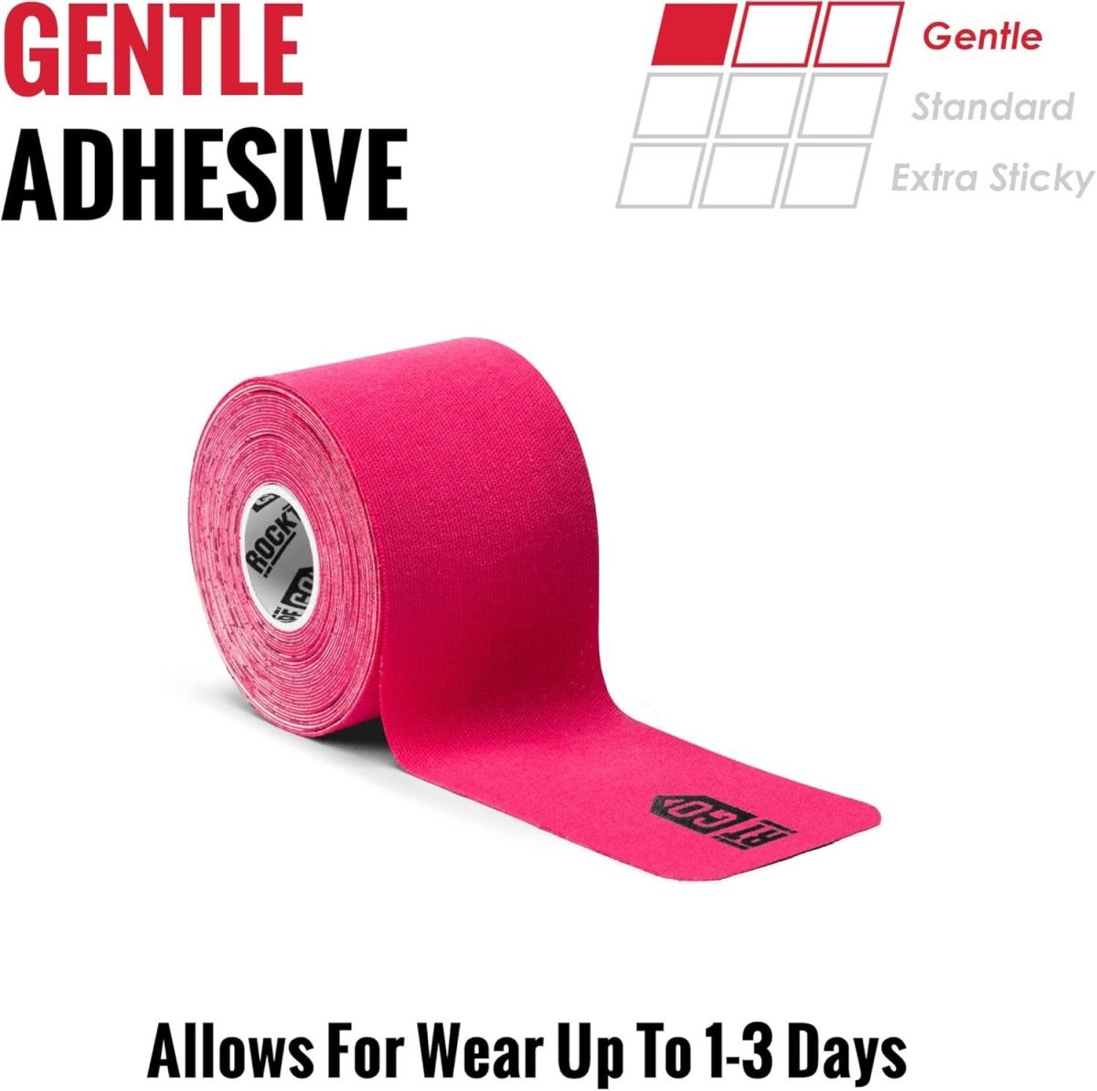 Roll of pink tape with text about gentle adhesive properties on a white background