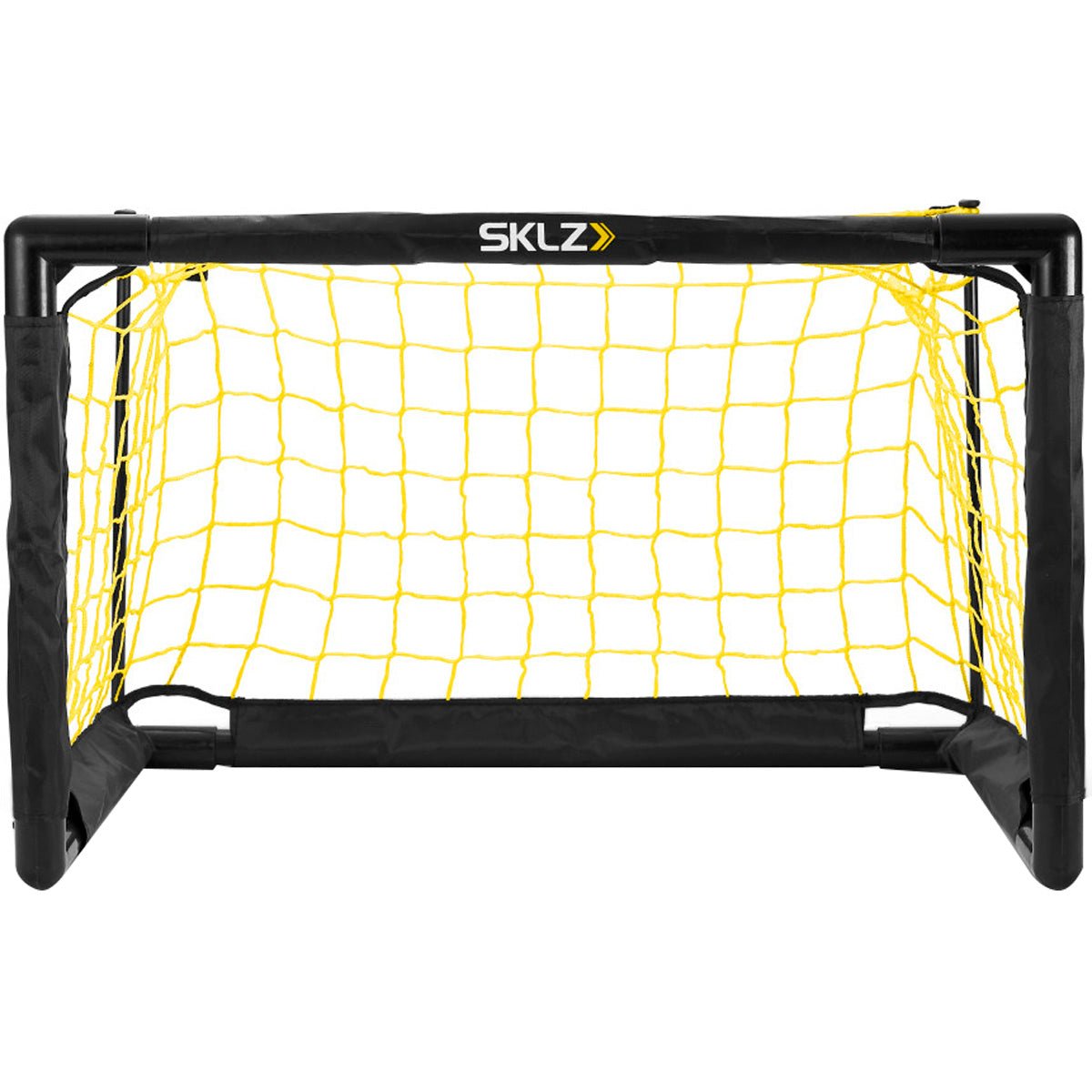 Mini xoccer goal with yellow net and black frame on a white background, featuring the SKLZ brand.