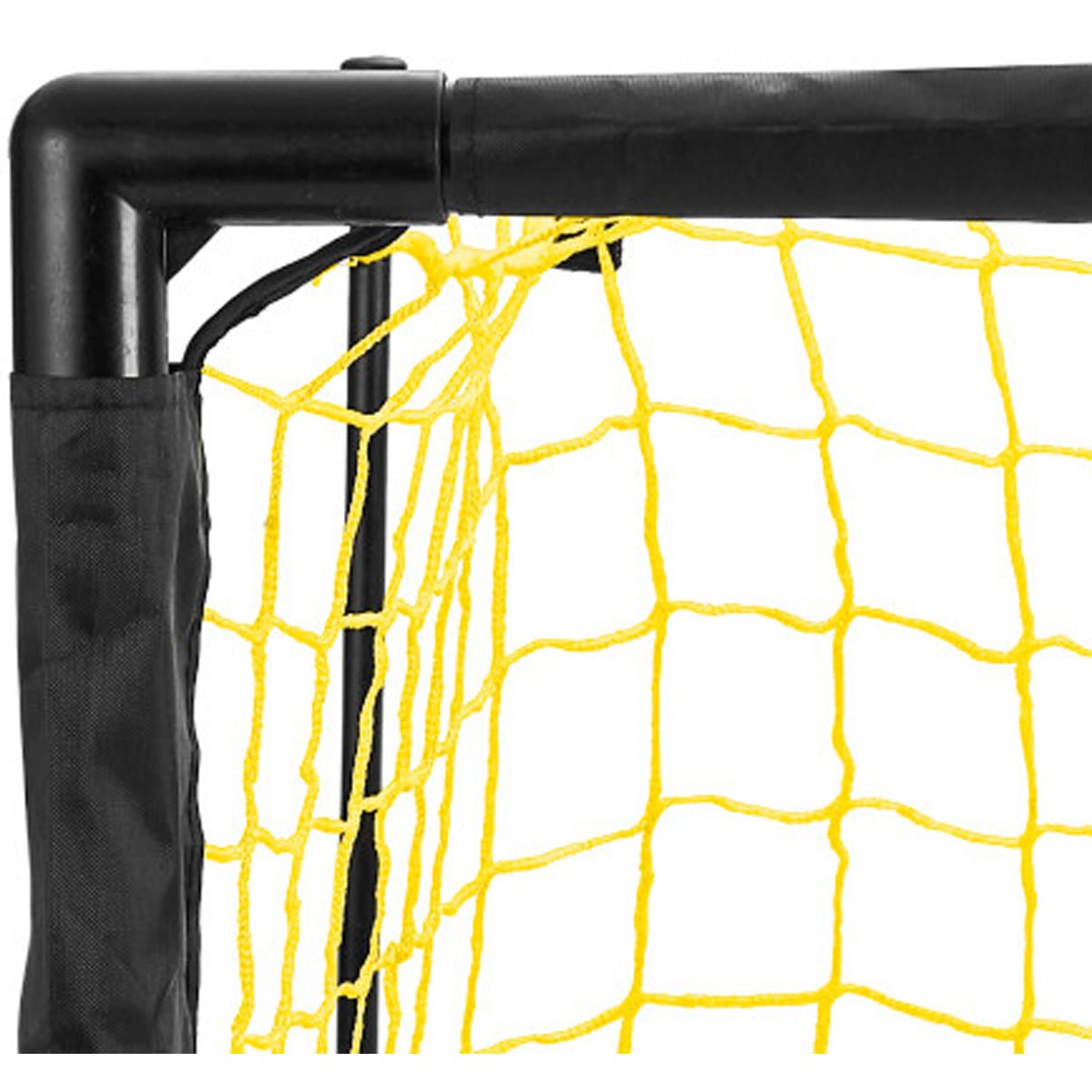 Close-up of a minisoccer goal with yellow netting and black frame