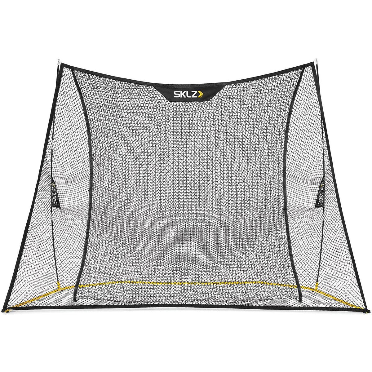 A SKLZ Home Range black and yellow golf net with a frame size of 10' x 7', designed for practicing golf at home.