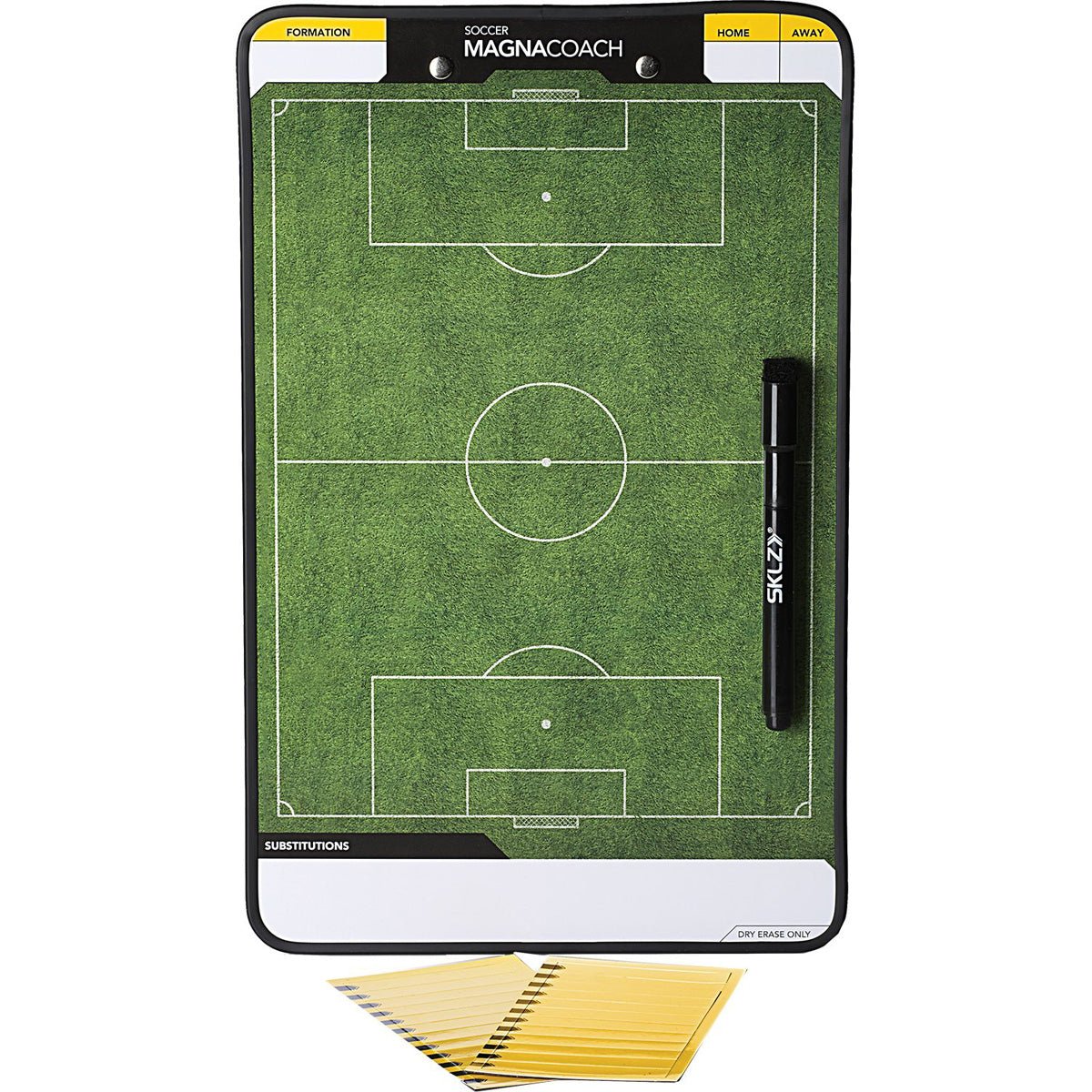 Coach's dry erase board with soccer field diagram, pen, and yellow marker holder on a white background