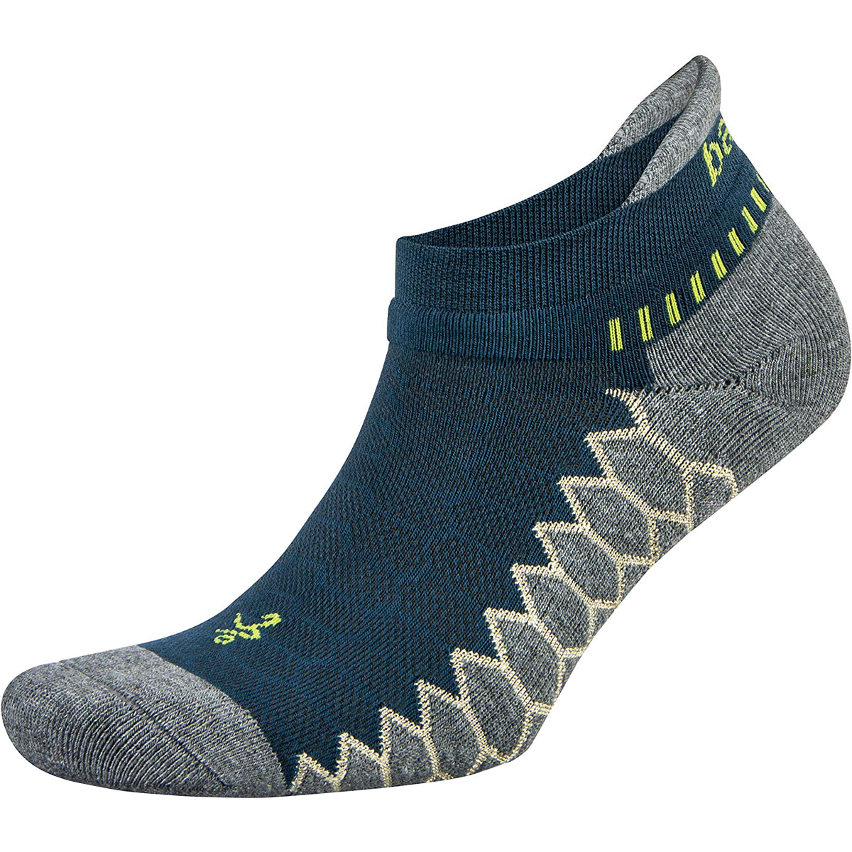 Navy and gray no show running socks with a geometric pattern on a white background