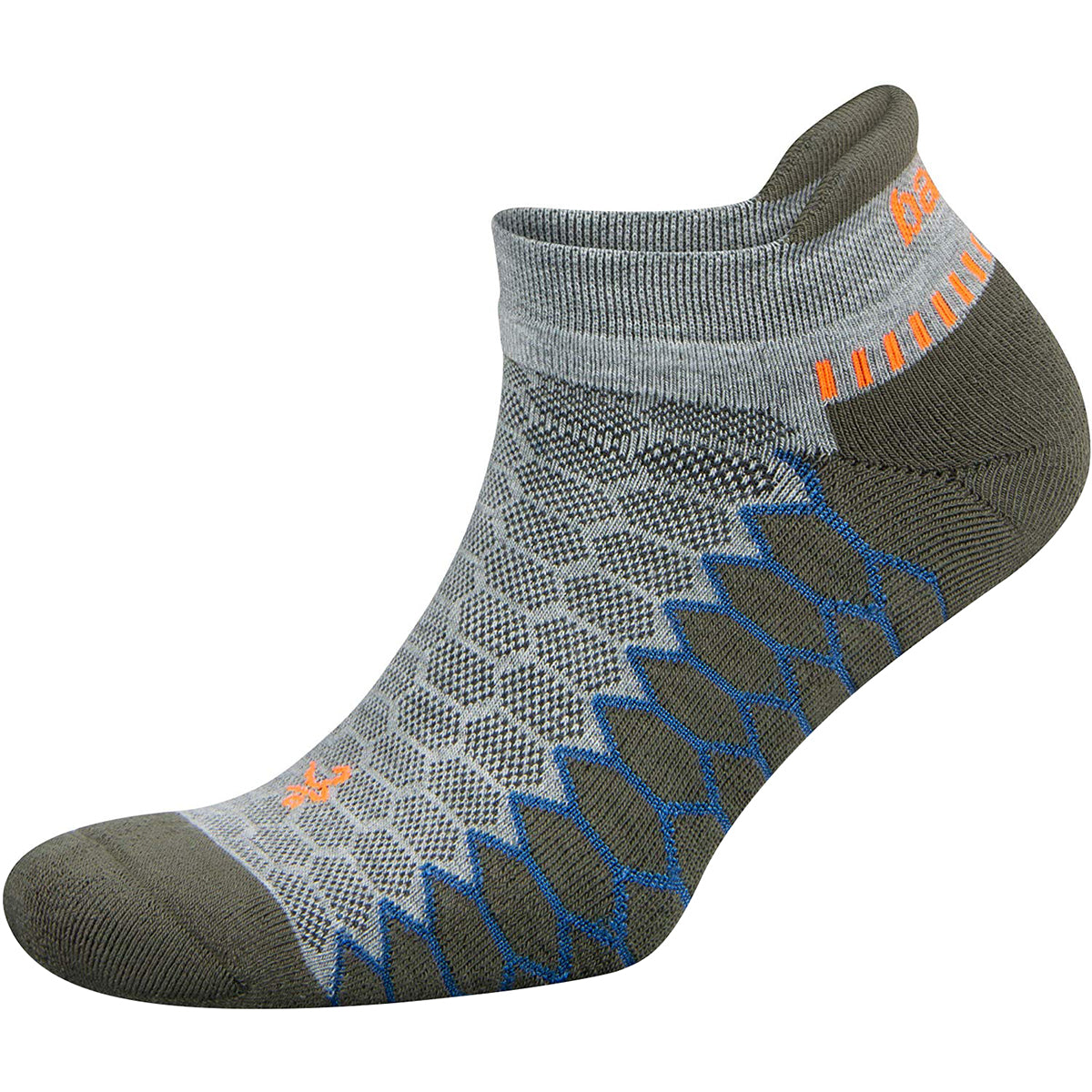 Gray ankle no show running socks with blue pattern on a white background