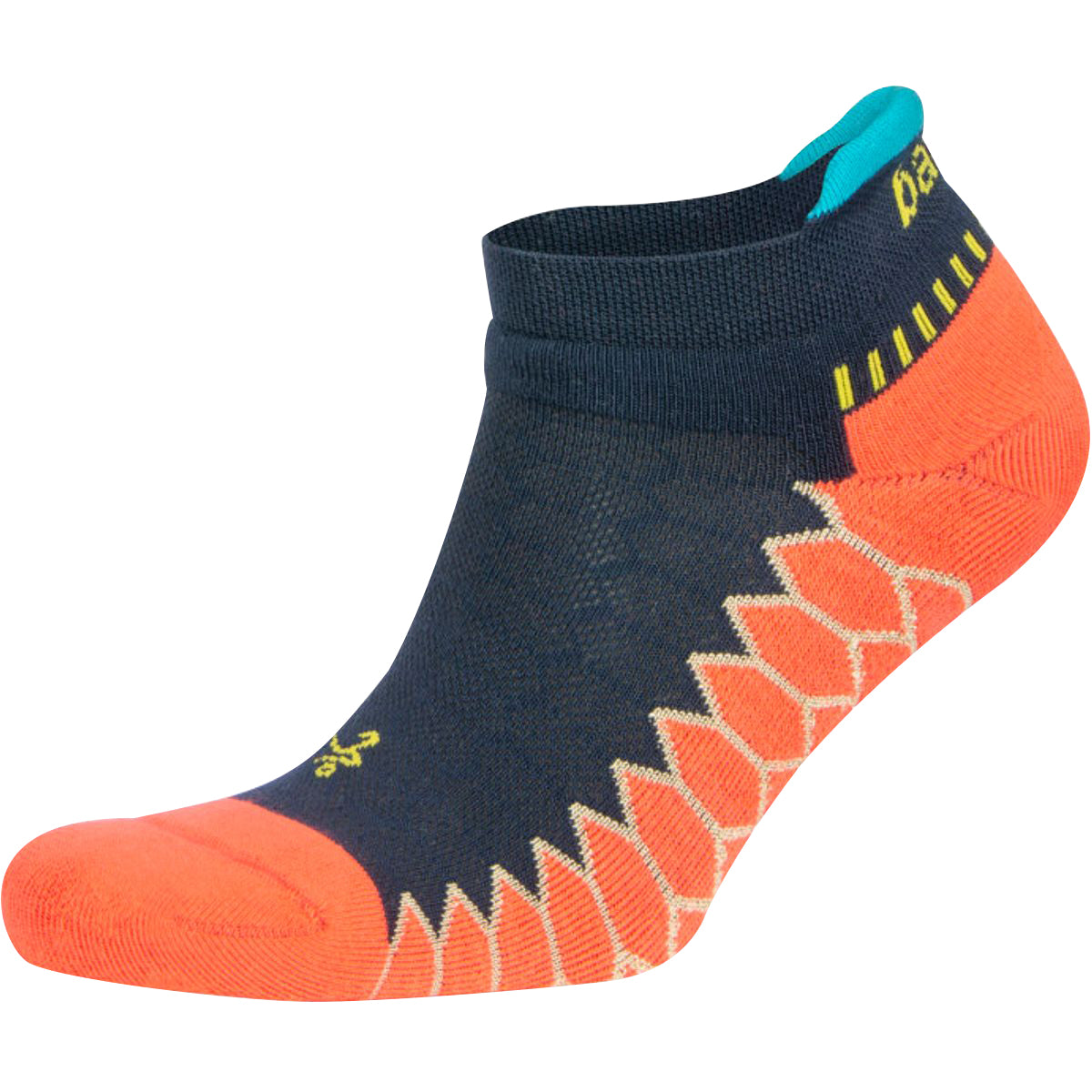 Navy and orange sock with unique pattern on a white background