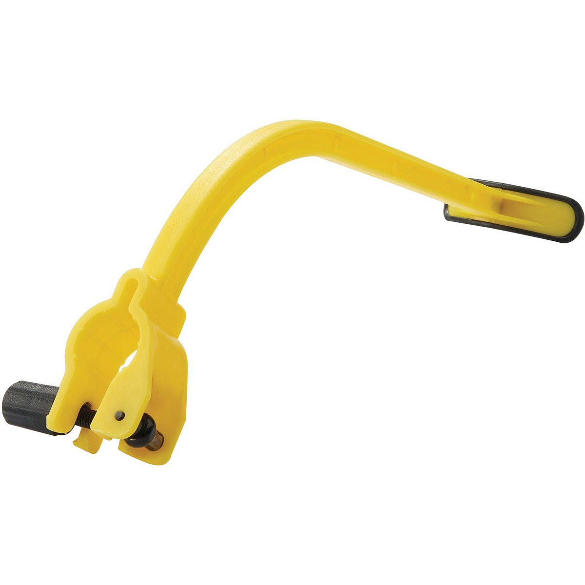 Yellow metal golf swing trainer with a curved handle on a white background