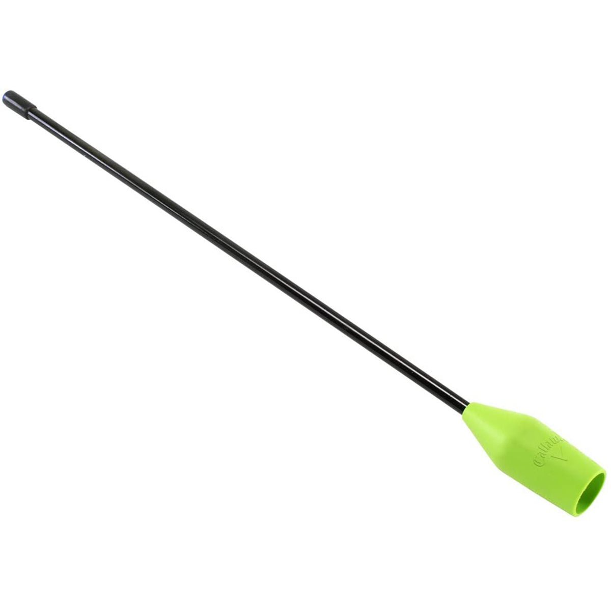 Long black rod with a green golf training aid handle on a white background