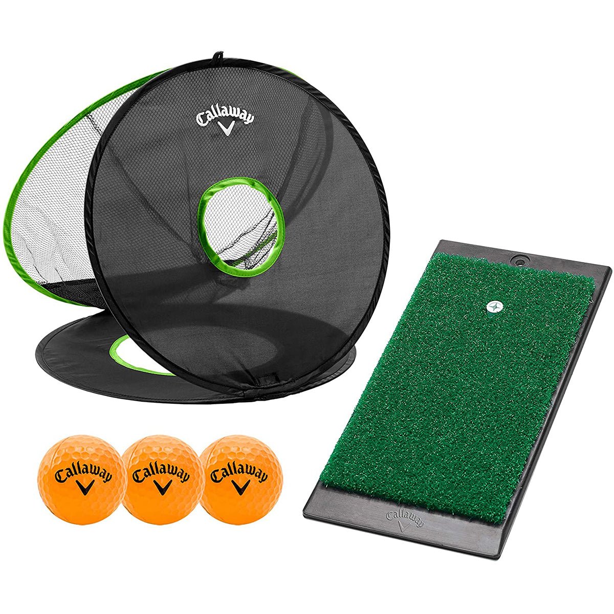 Callaway golf practice set with target, balls, and mat on a white background