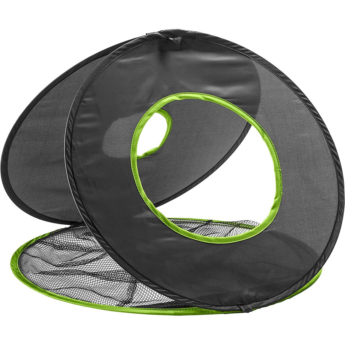 Black and green netting golf practice set on a white background