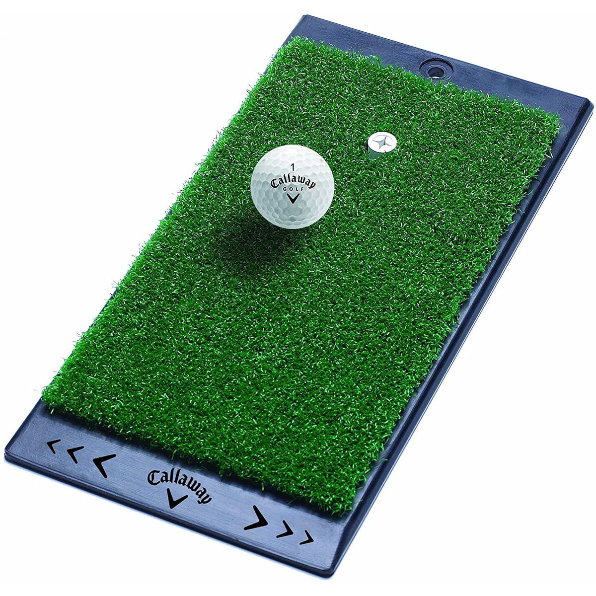 Hitting golf mat with a Callaway golf ball on a white background