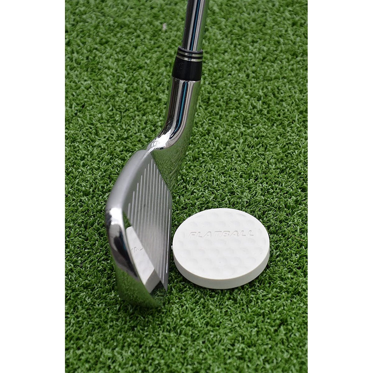 Golf club and golf flatball trining aid on a green grass surface