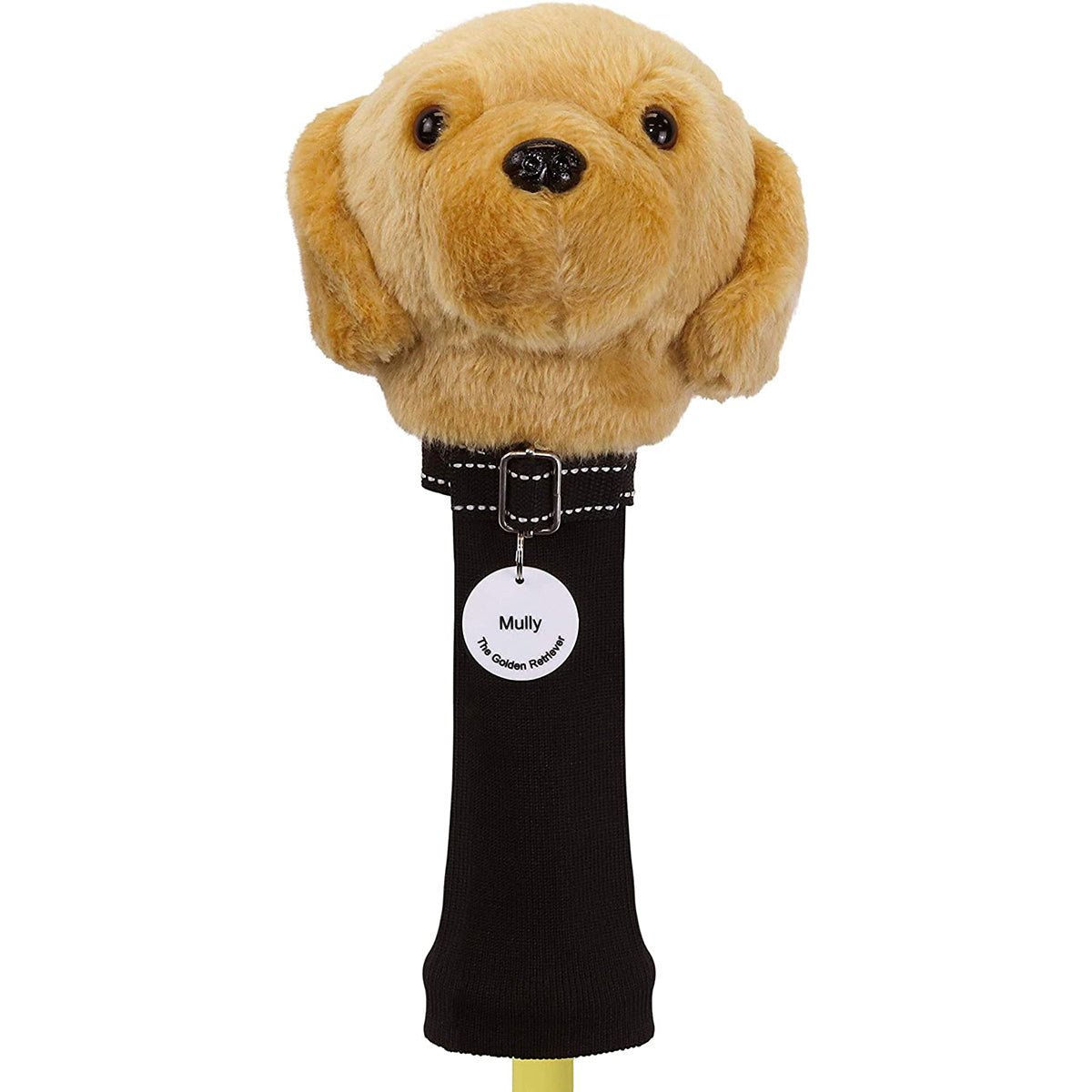 Plush dog-shaped golf ball retriver club head cover with a black sleeve and name tag on a white background