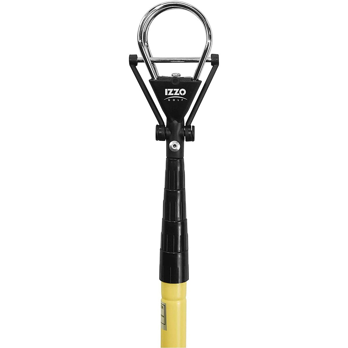 Golf ball retriver divot tool with yellow shaft and black head on a white background