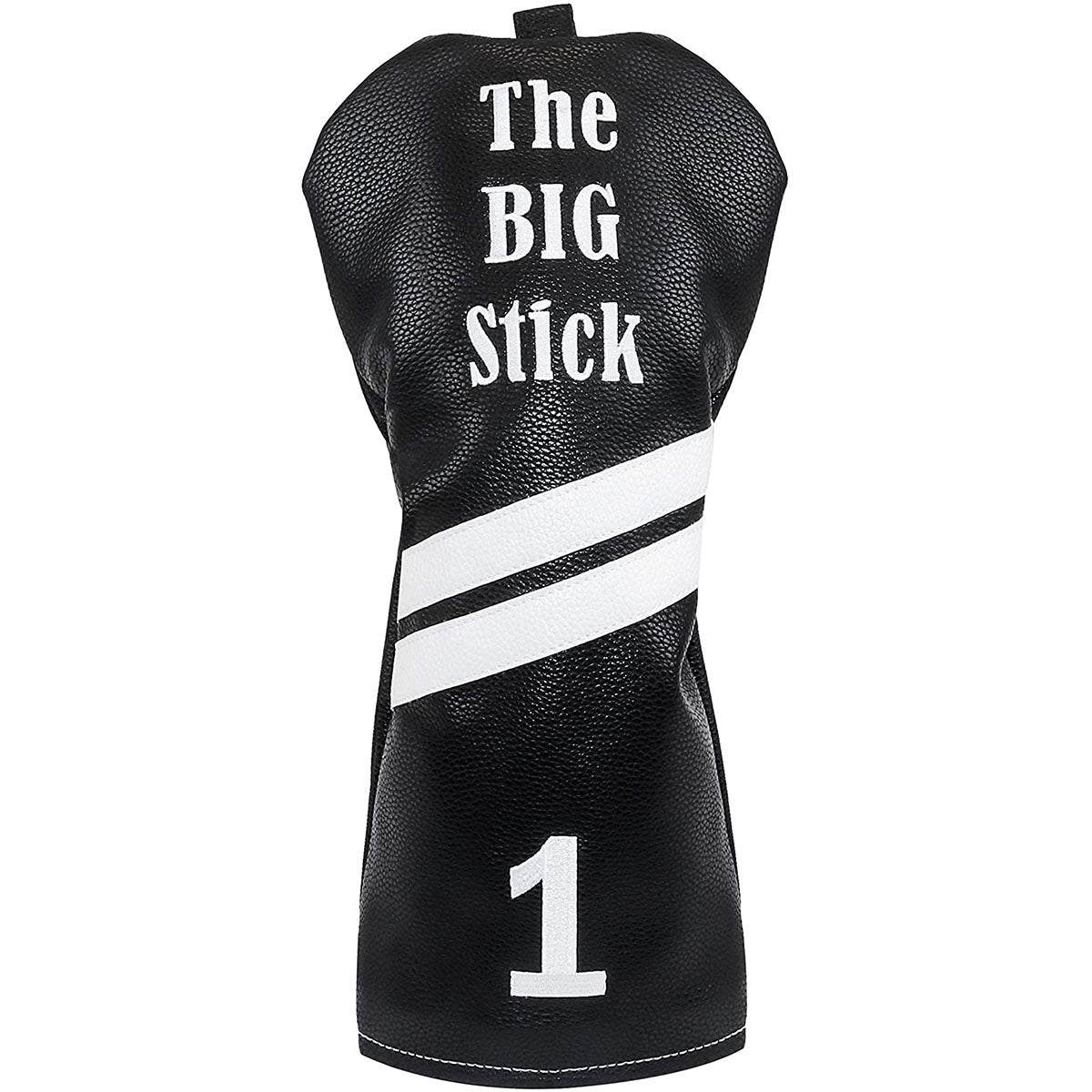 Black leather golf club leather driver headcover with the text 'THE BIG STICK' and the number '1' on the front.
