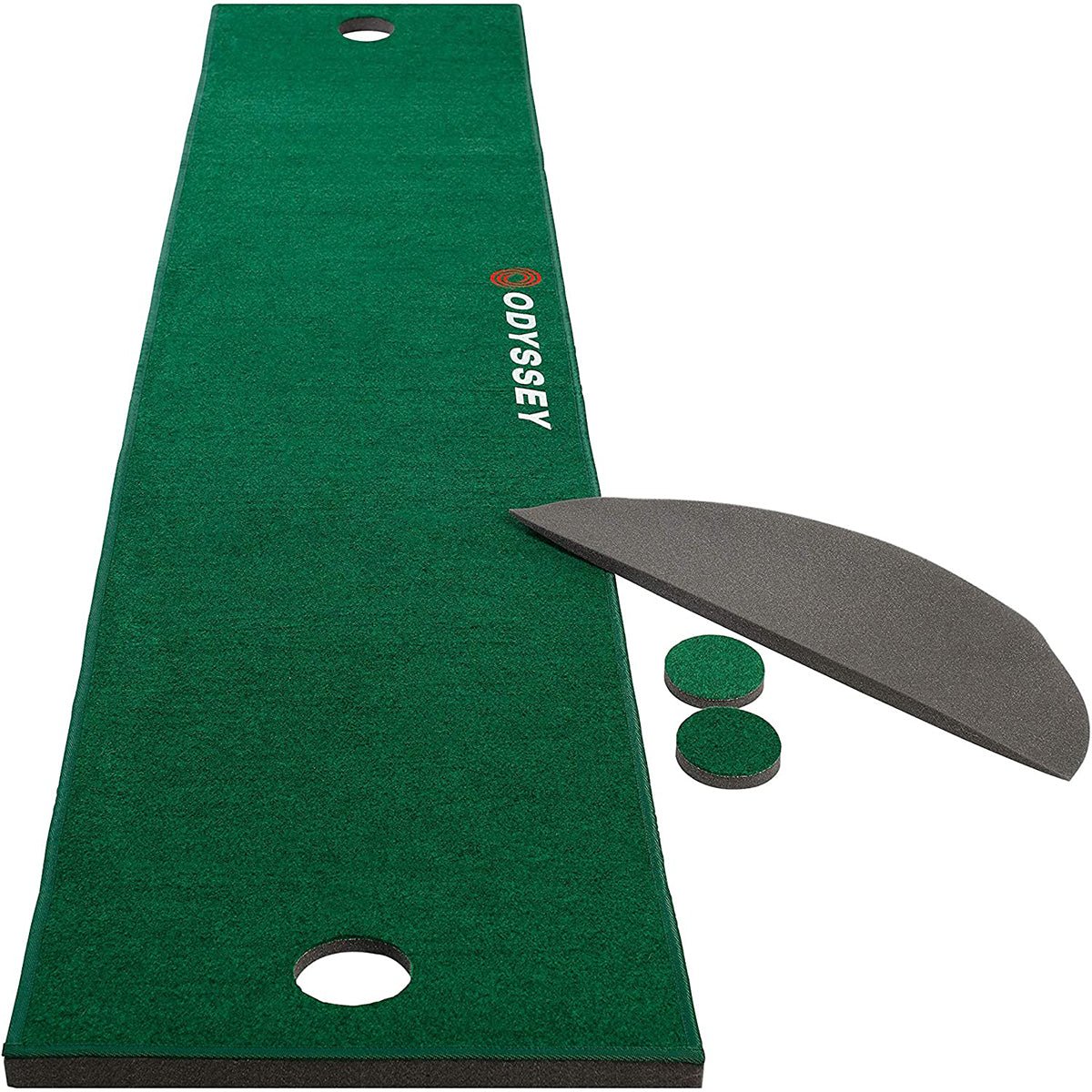 Green golf putting mat with Odyssey branding, a mallet, and two green balls on a white background.
