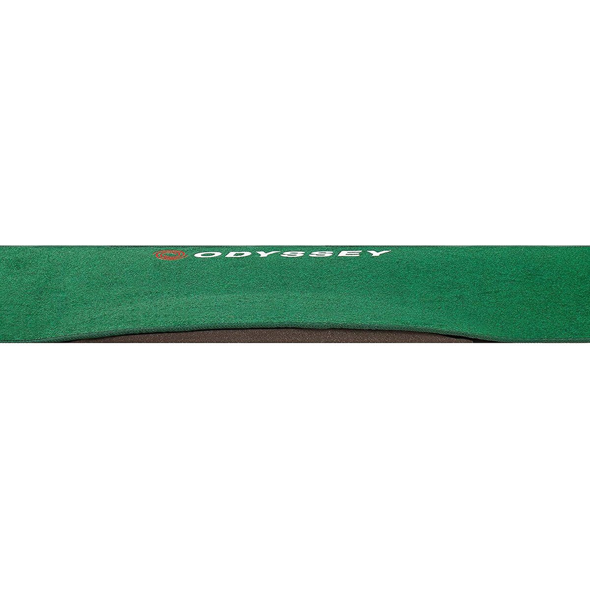 Green golf putting mat with 'Odyssey' branding on a white background