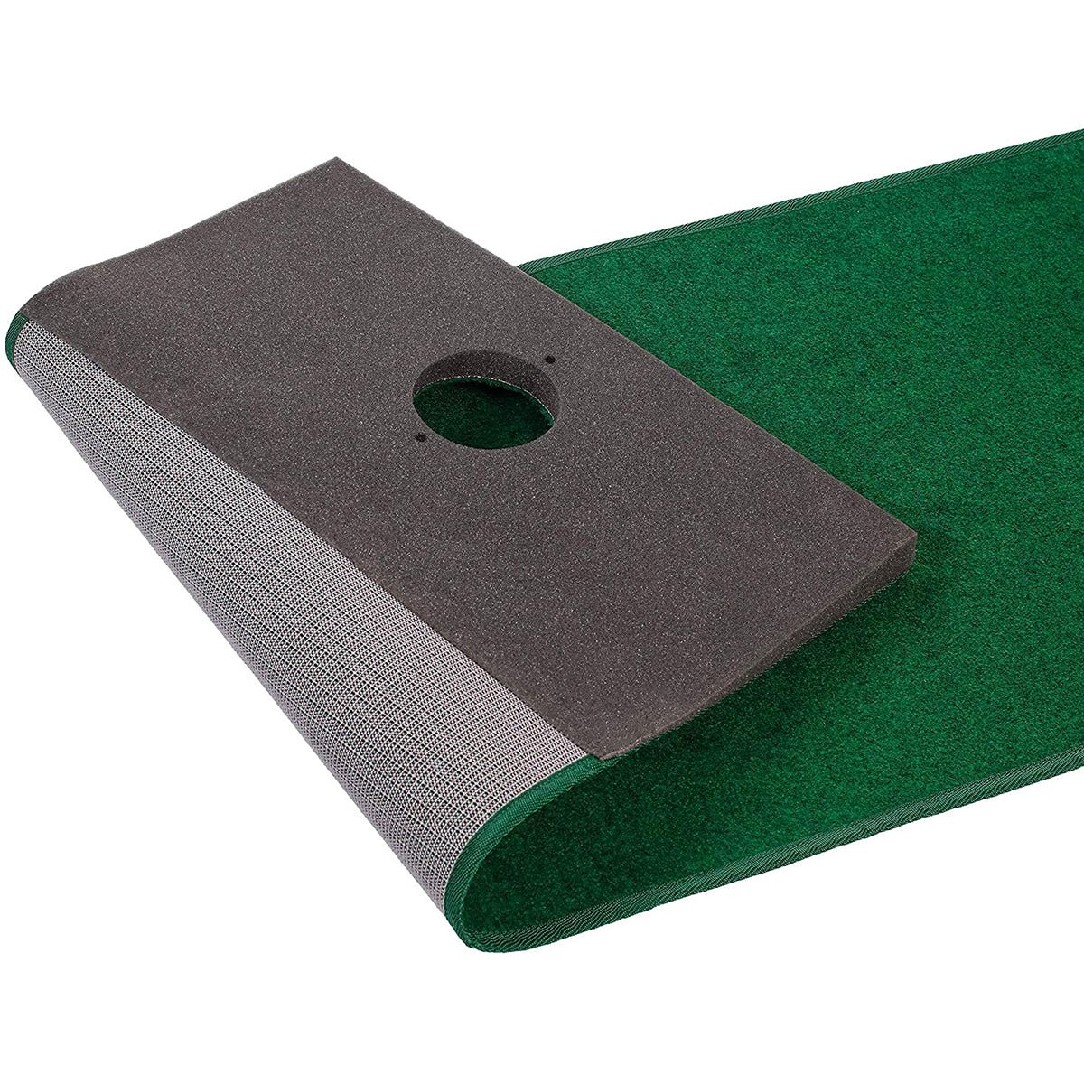Green and gray golf putting mat with a circular hole on a white background