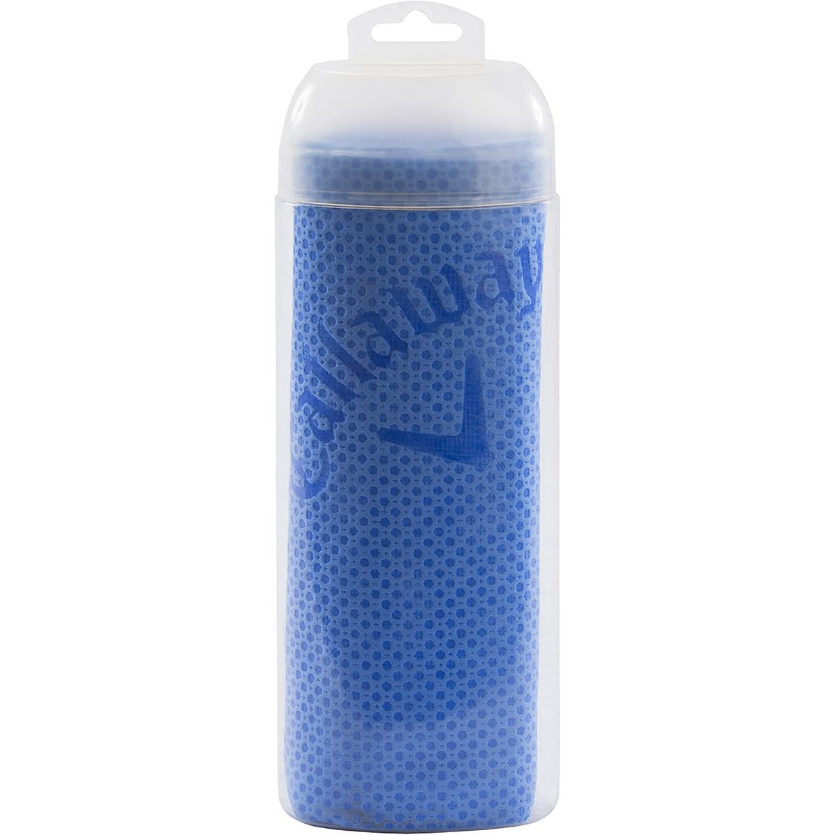 Blue golf cooling towel with Clubway branding in a clear plastic packaging on a white background