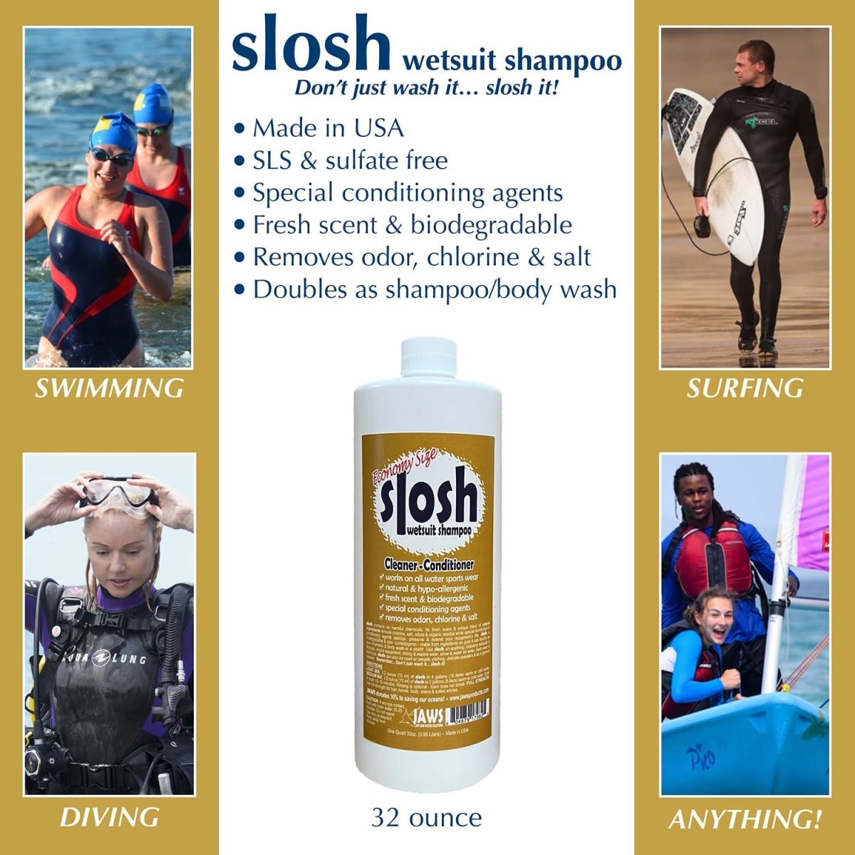 JAWS 32 oz. Slosh Wetsuit Shampoo for Water Sports and Gear - Forza Sports