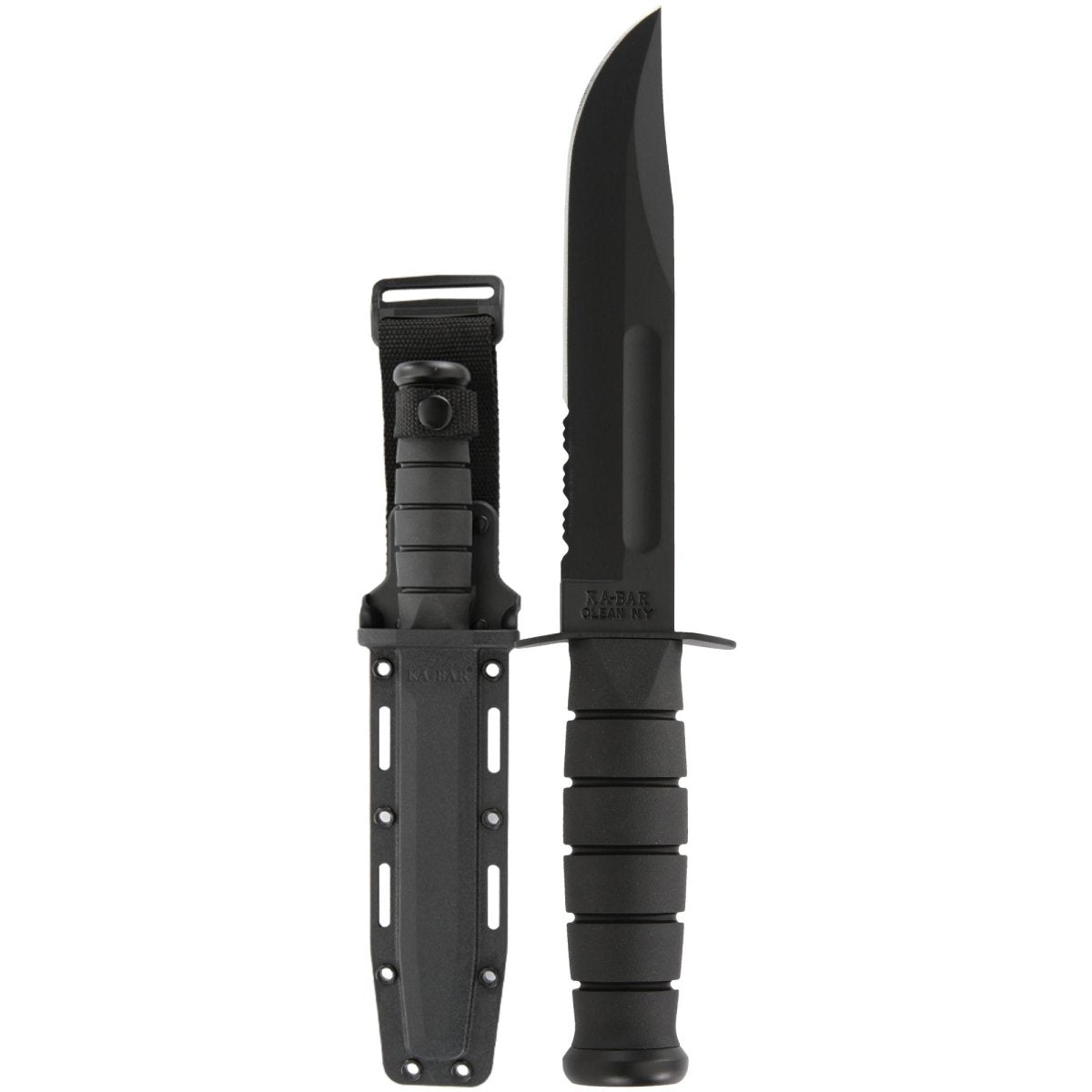 KA - BAR 7" Fixed Blade Full - Size Serrated Edge Knife w/ Sheath - Black - Forza Sports