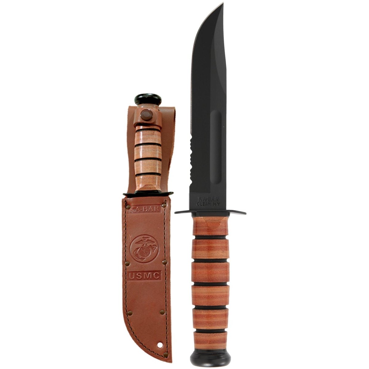 KA - BAR 7" Fixed Blade USMC Serrated Edge Utility Knife w/ Sheath - Brown - Forza Sports