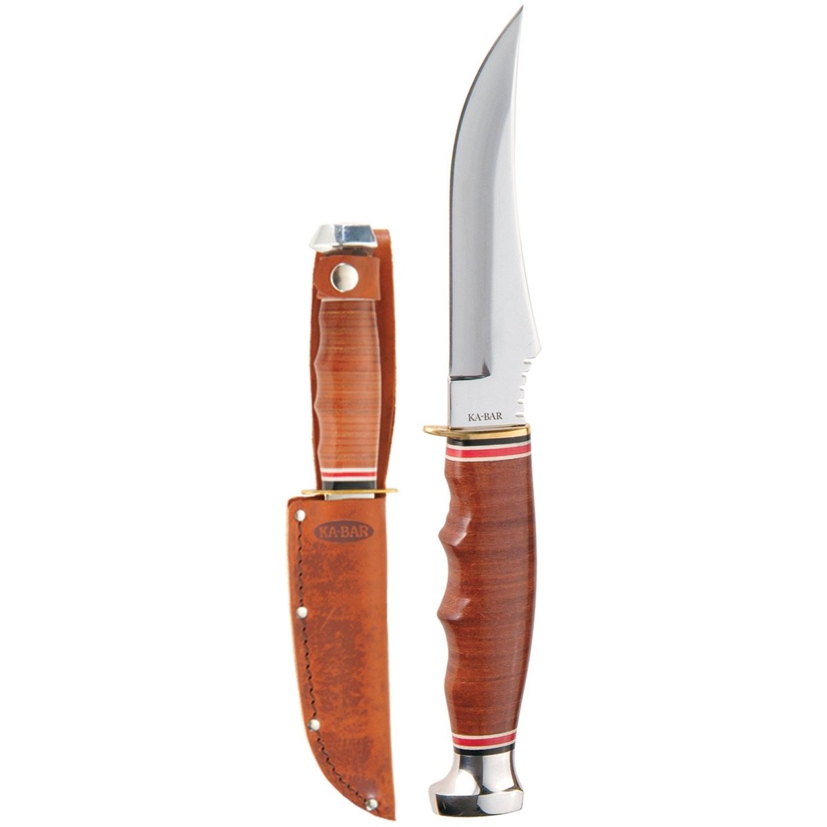 KA - BAR 4.375" Fixed Blade Skinner Stacked Leather Handle Knife w/ Sheath - Brown - Forza Sports