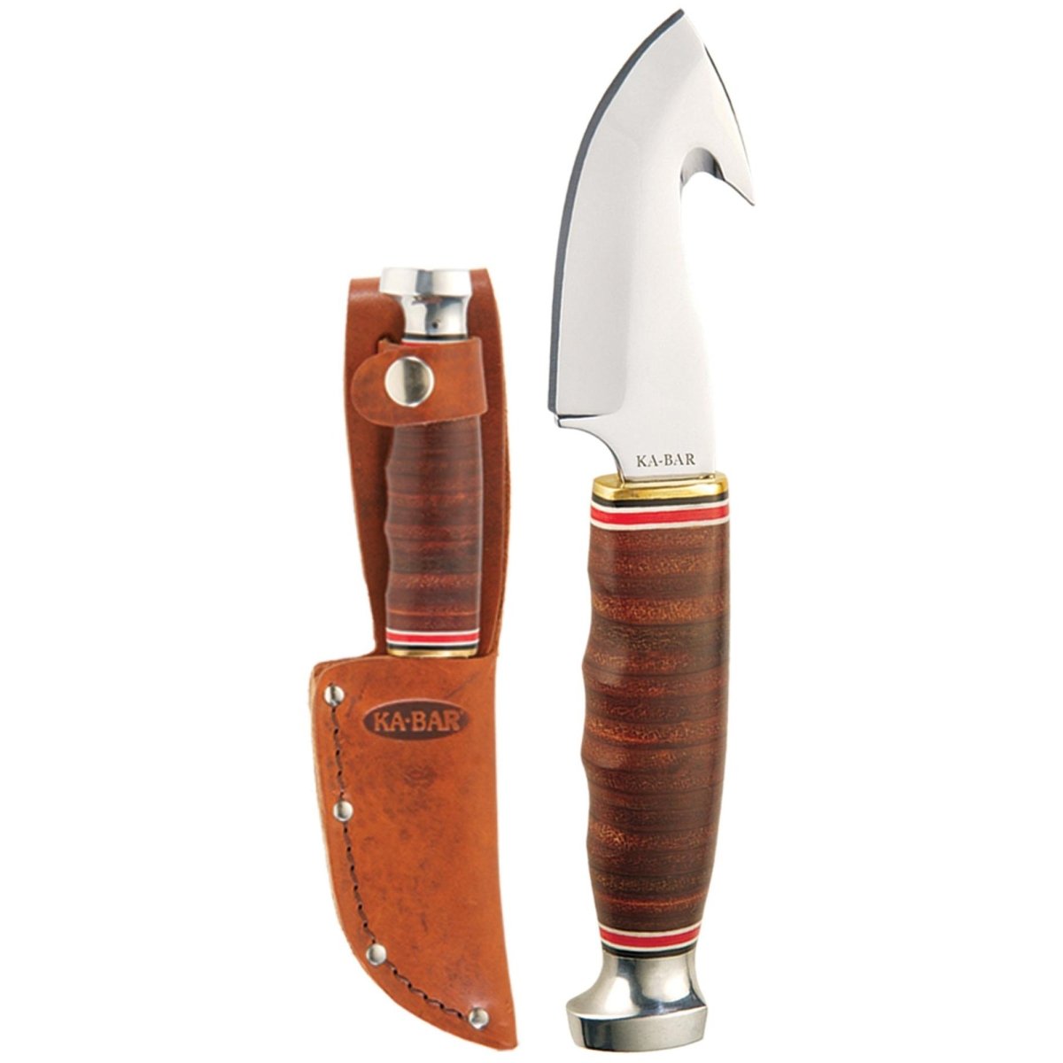 KA - BAR 3.25" Fixed Blade Game Hook Stacked Leather Handle Knife w/ Sheath - Brown - Forza Sports