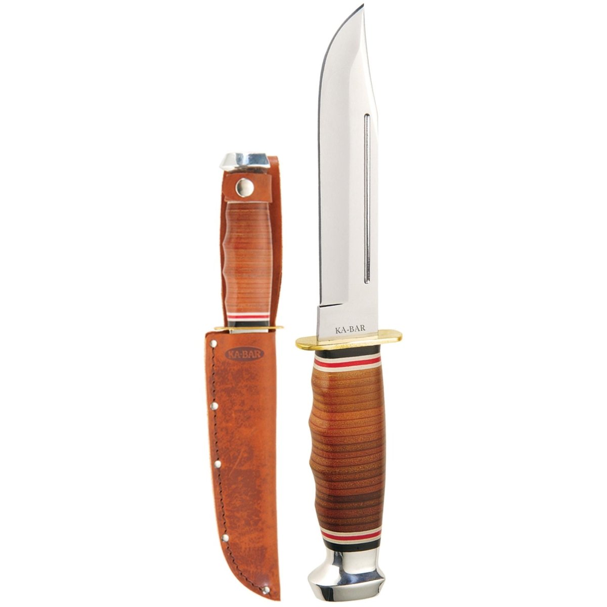 KA - BAR 5.875" Fixed Blade Marine Hunter Leather Handle Knife w/ Sheath - Brown - Forza Sports