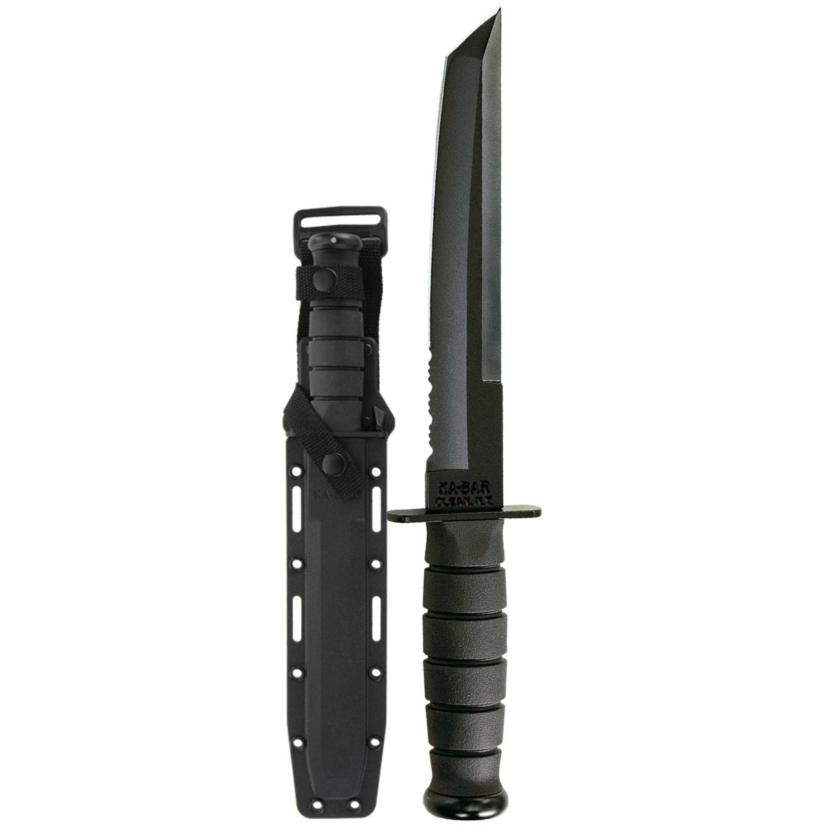 KA - BAR 8" Fixed Blade Tanto Half - Serrated Knife w/ Sheath - Black - Forza Sports