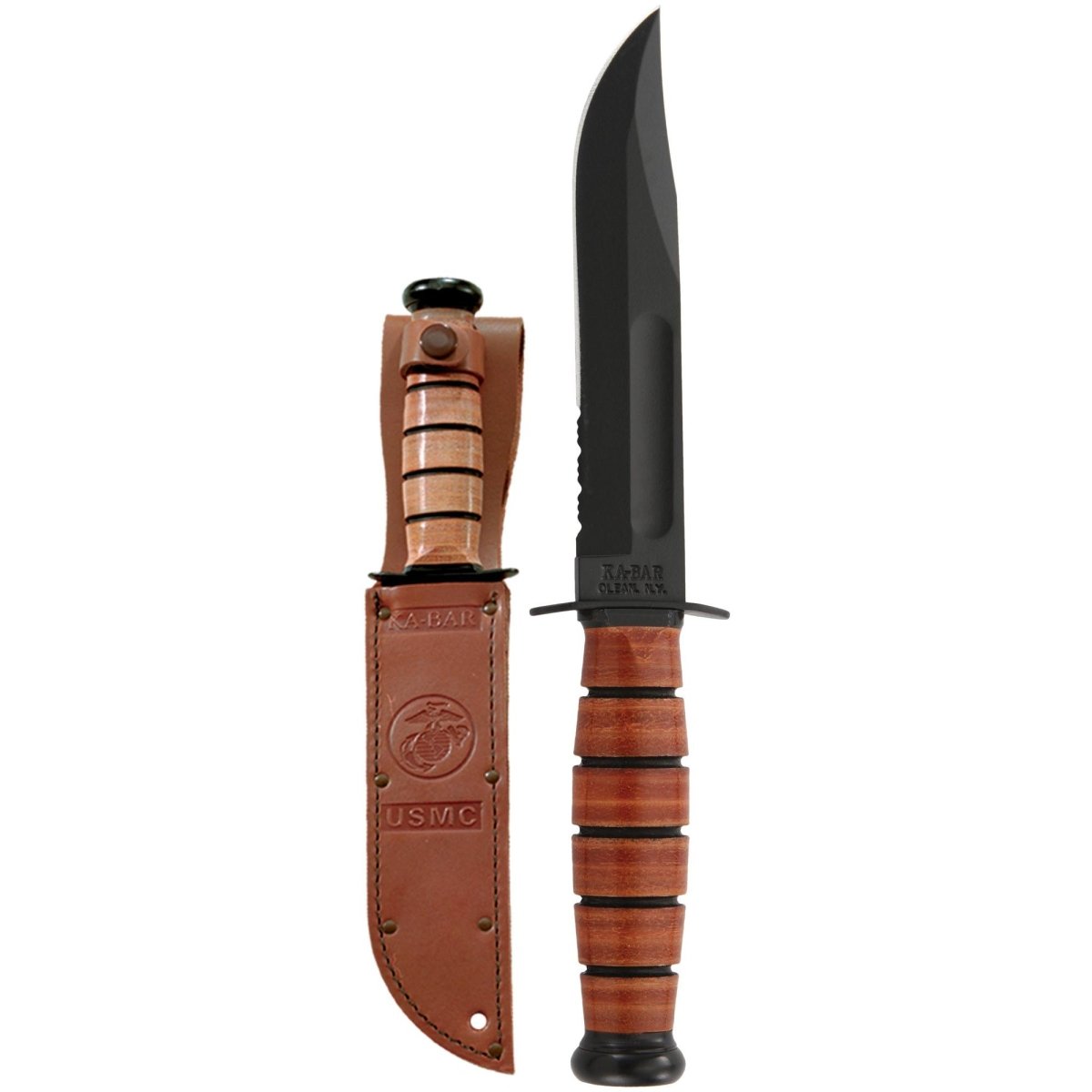 KA - BAR 5.25" Fixed Blade USMC Short Serrated Knife w/ Sheath - Brown - Forza Sports