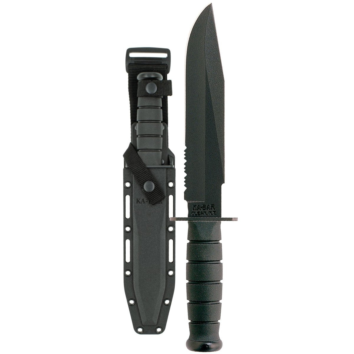 KA - BAR 8" Fixed Blade Fighter Partially Serrated Edge Knife w/ Sheath - Black - Forza Sports