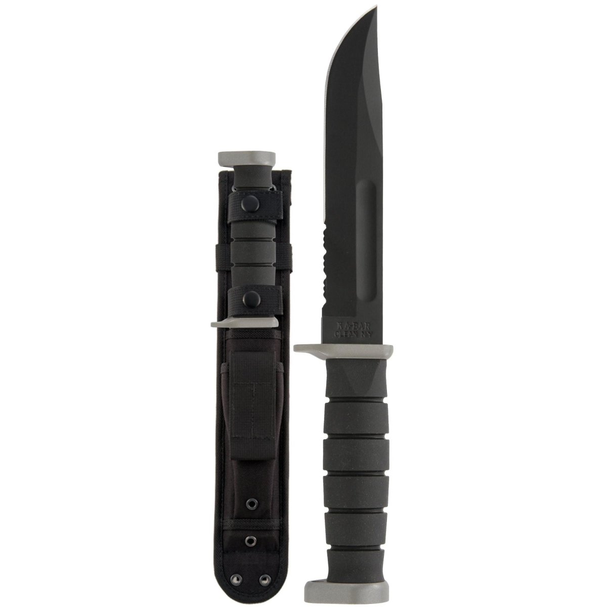 KA - BAR 7" Fixed Blade D2 Extreme Partially Serrated Knife w/ Nylon Sheath - Black - Forza Sports