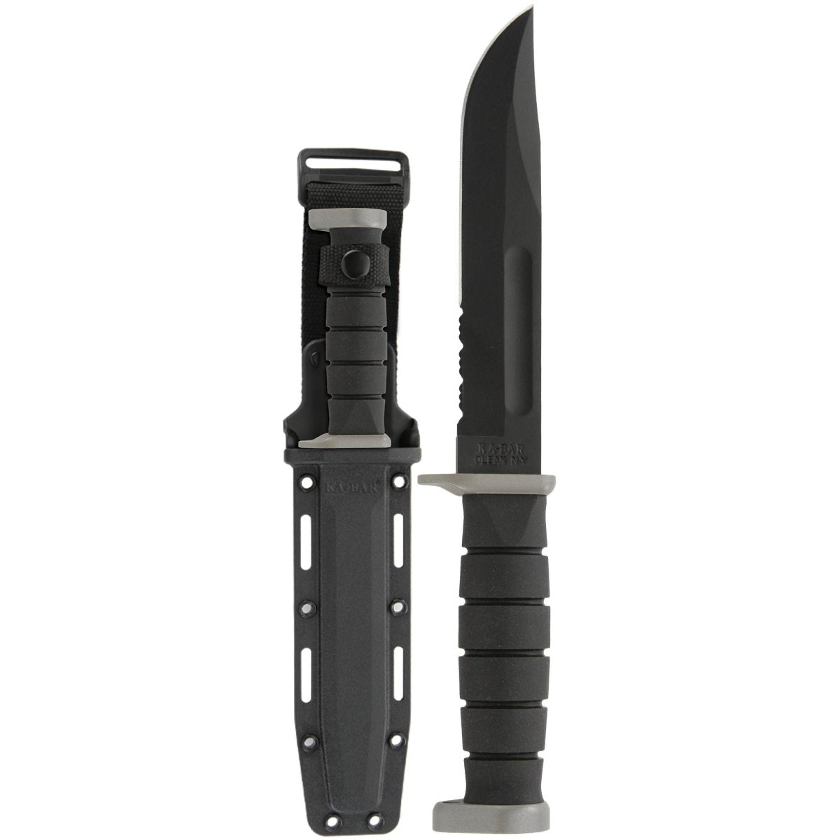 KA - BAR 7" Blade D2 Extreme Partially Serrated Knife w/ Plastic Sheath - Black - Forza Sports