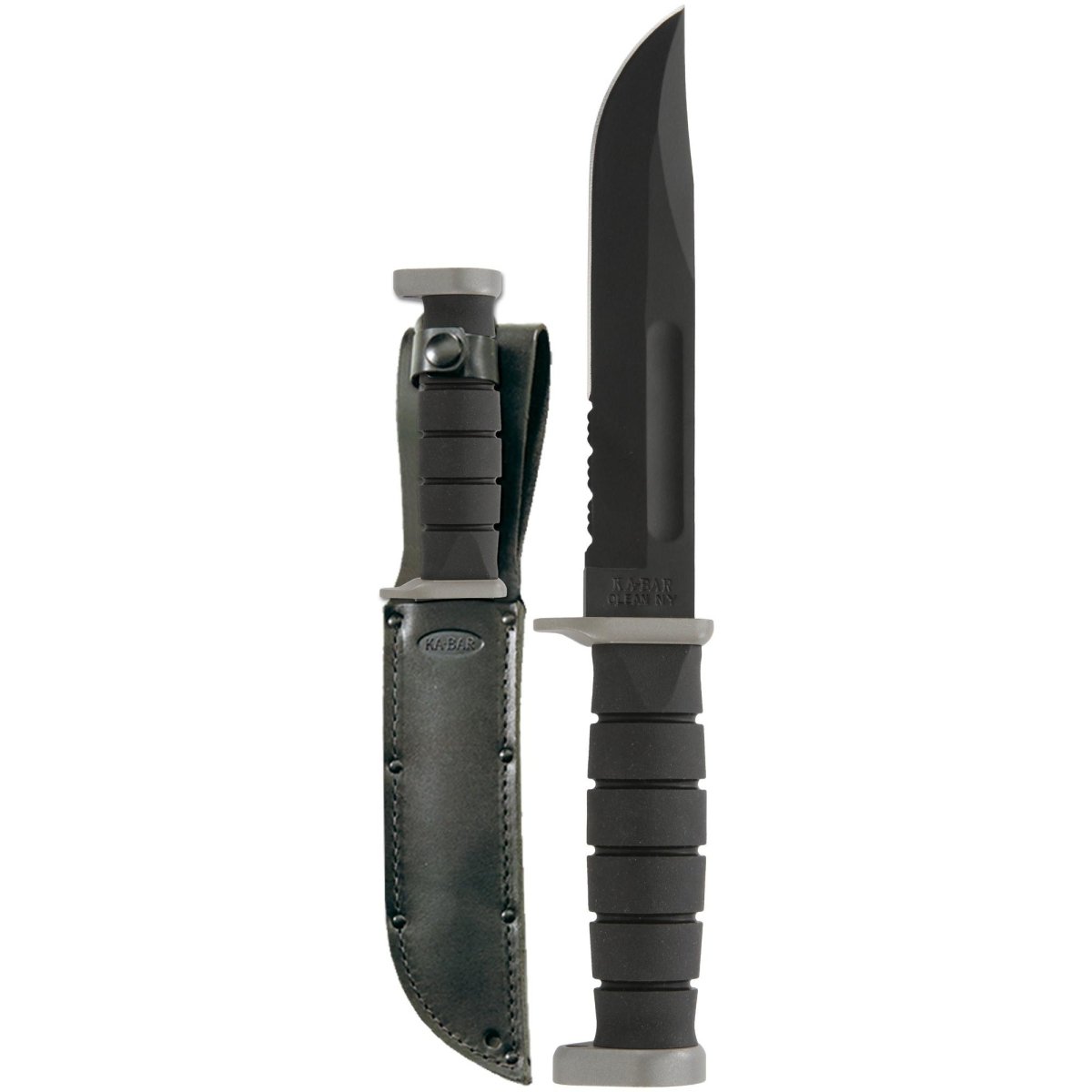 KA - BAR 7" Blade D2 Extreme Partially Serrated Knife w/ Leather Sheath - Black - Forza Sports
