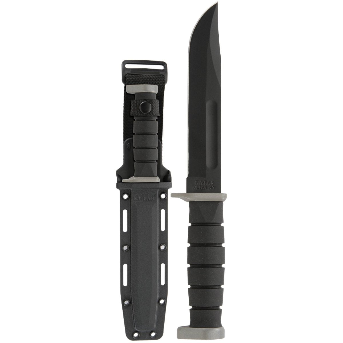 KA - BAR 7" Fixed Blade D2 Extreme Clip Point Straight Edge Knife w/ Sheath - Black - Forza Sports