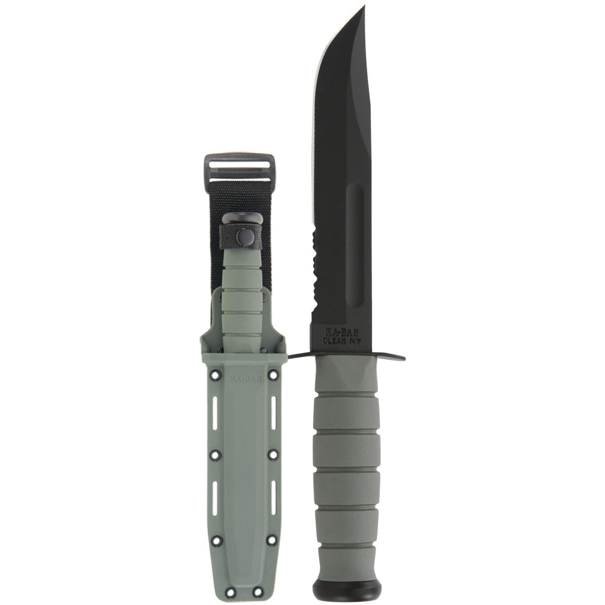 KA - BAR 7" Fixed Partially Serrated Blade Full Size Knife w/ Sheath - Green - Forza Sports