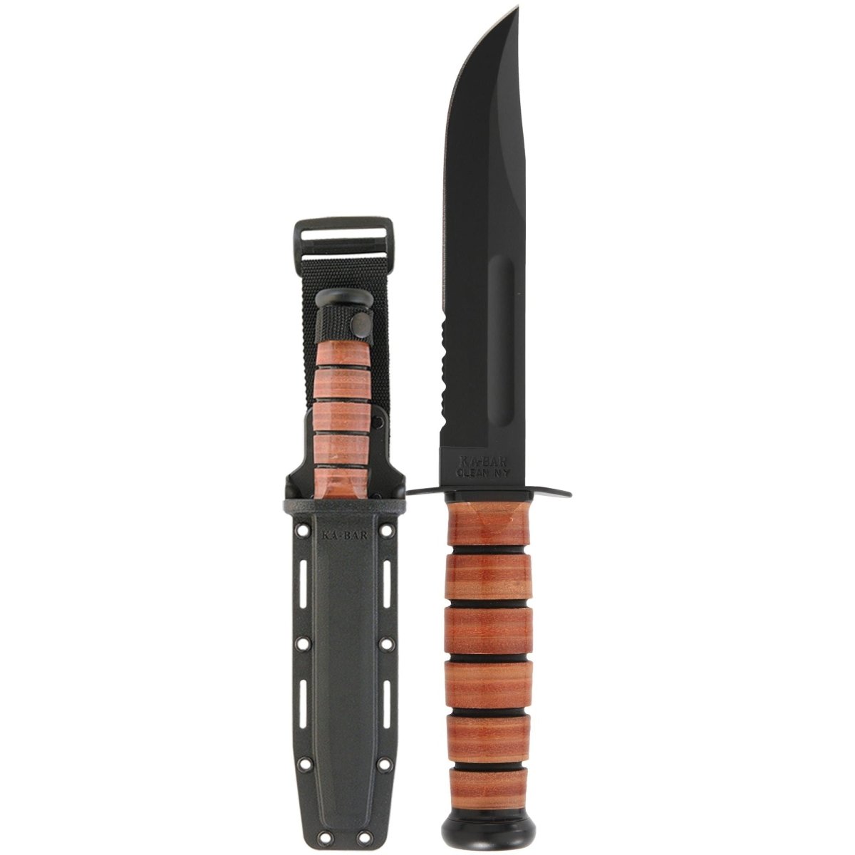 KA - BAR USMC 7" Serrated Clip Point Fixed Blade Knife w/ Sheath - Brown - Forza Sports
