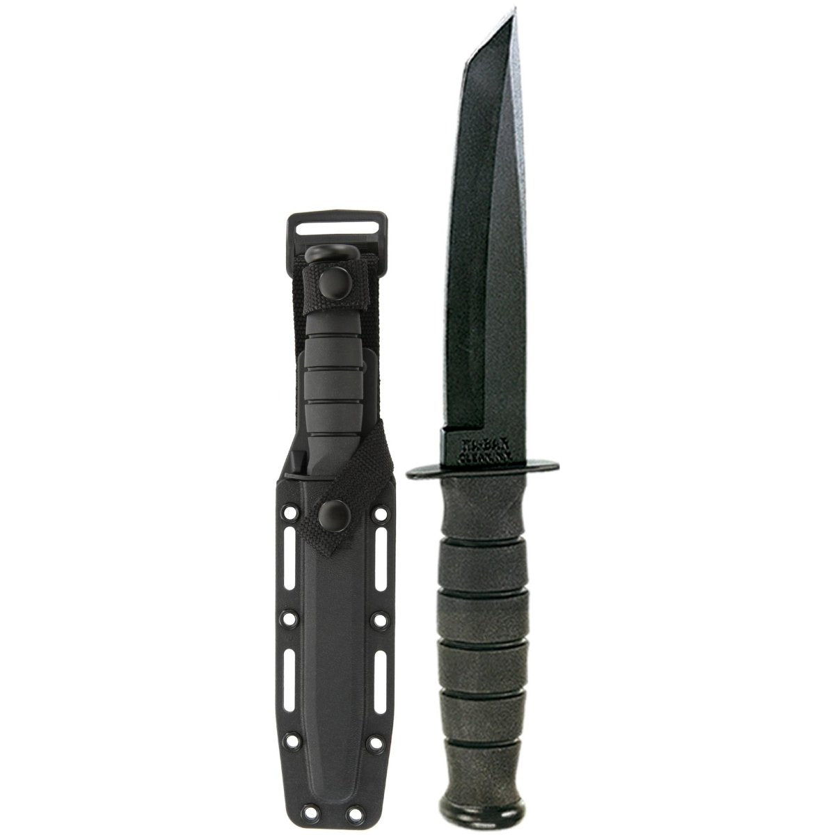 KA - BAR 5.25" Fixed Blade Smooth Edge Short Tanto Knife w/ Sheath - Black - Forza Sports