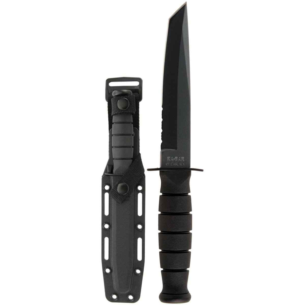 KA - BAR 5.25" Fixed Blade Partially Serrated Short Tanto Knife w/ Sheath - Black - Forza Sports