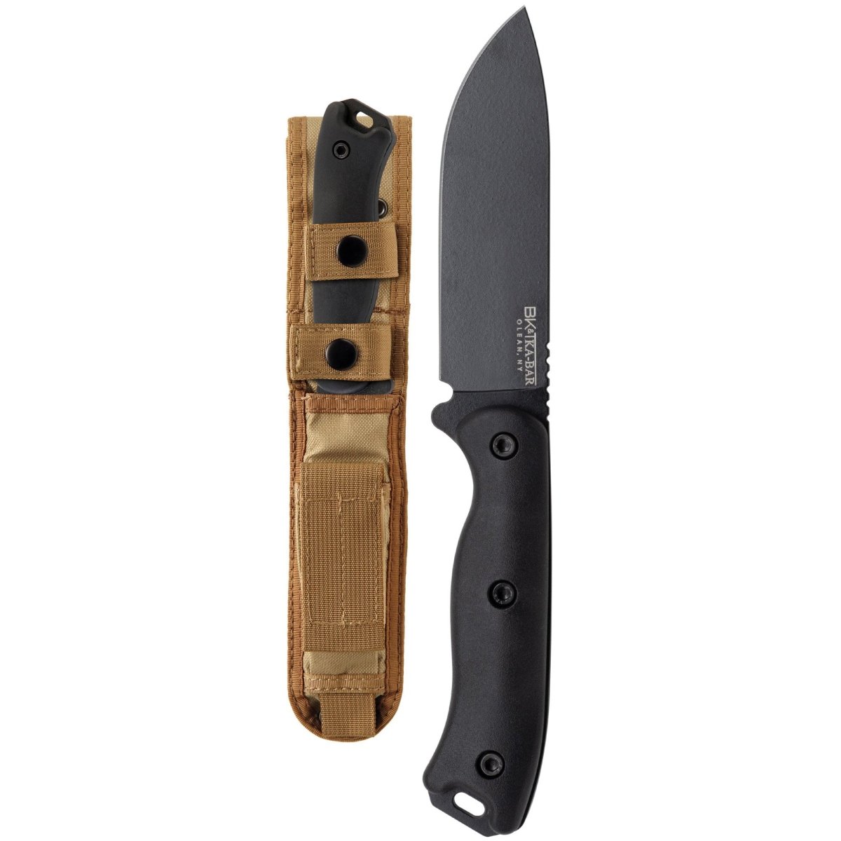 KA - BAR 4.375" Fixed Blade Becker Short Drop Point Knife w/ Sheath - Black - Forza Sports